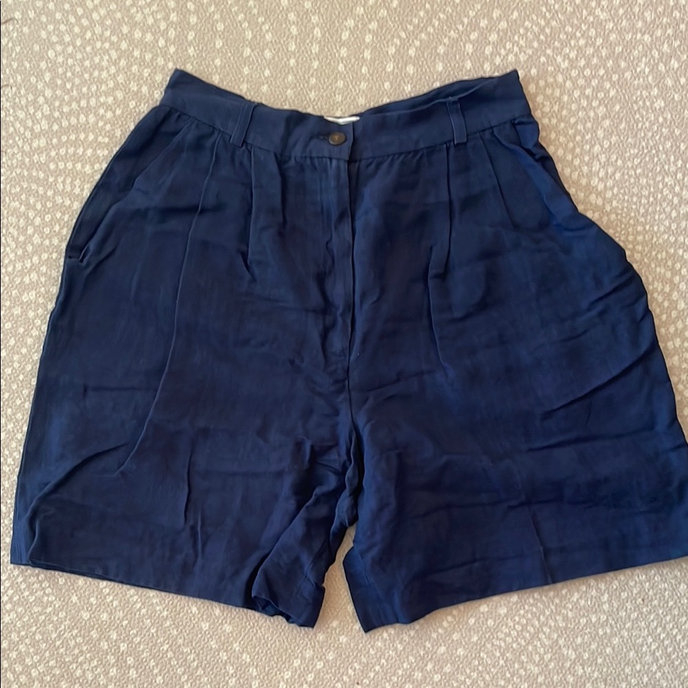 Casual Corner Navy Blue Pleated Linen Shorts Size 8